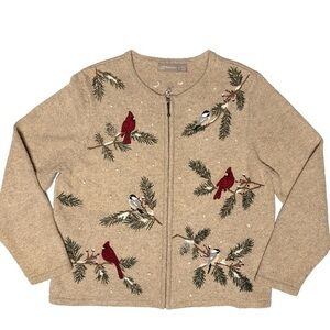 Croft & Barrow Full Zip Cardigan Winter Birds Pine Trees Cottagecore Petite XL